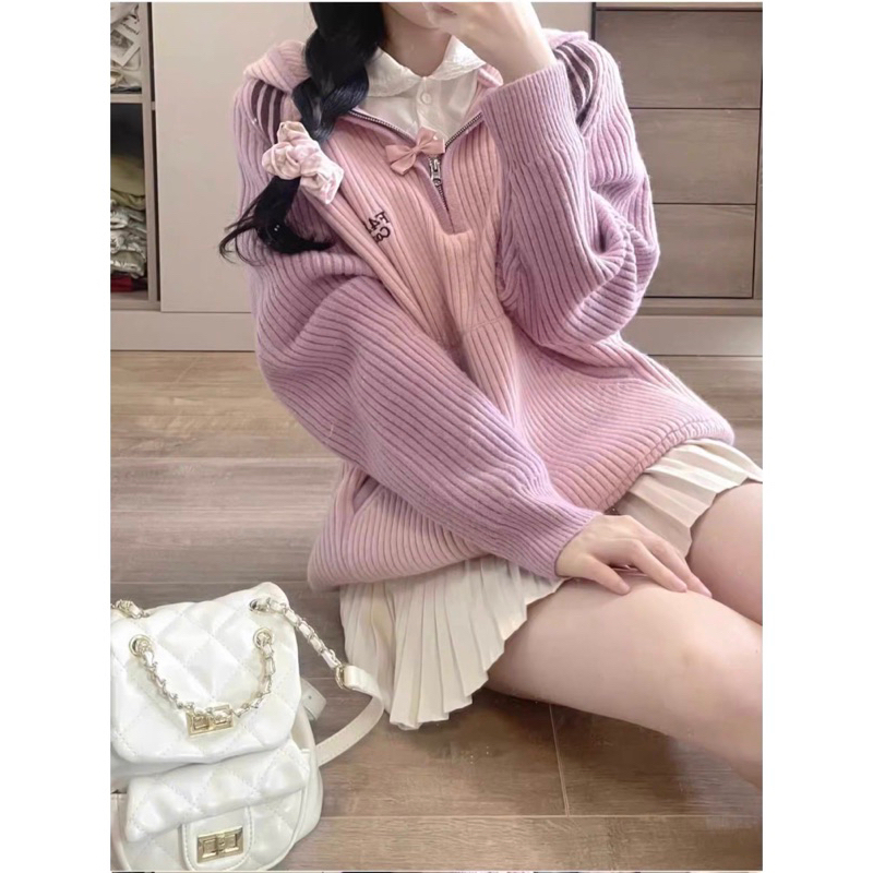 Áo hoodie gân tăm có khoá kéo kèm mũ chùm đầu màu hồng tím phong cách Hàn Quốc nhẹ nhàng thanh lịch