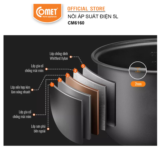 Nồi áp suất cơ đa năng COMET CM6160 - 5L - 1000W - BH 12 THÁNG