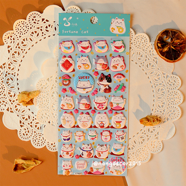 Hình dán sticker nổi 3D | Mèo Thần Tài |  hoạt hình dễ thương chống nước cho bé trai, bé gái | Nắng Decor