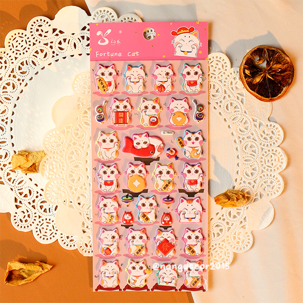 Hình dán sticker nổi 3D | Mèo Thần Tài |  hoạt hình dễ thương chống nước cho bé trai, bé gái | Nắng Decor