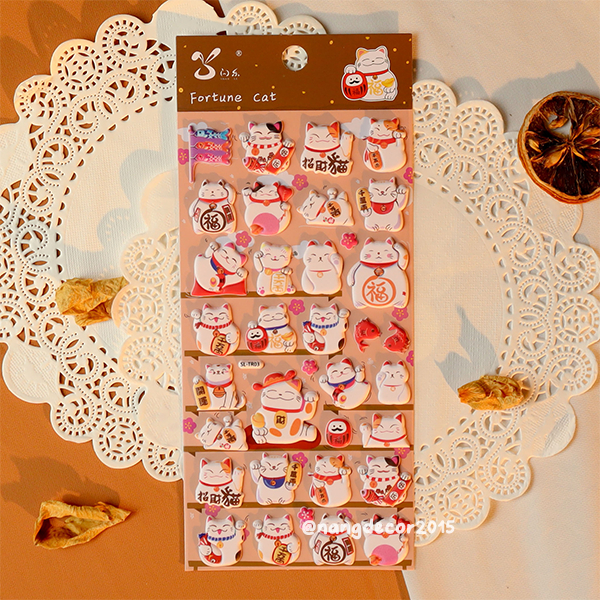 Hình dán sticker nổi 3D | Mèo Thần Tài |  hoạt hình dễ thương chống nước cho bé trai, bé gái | Nắng Decor