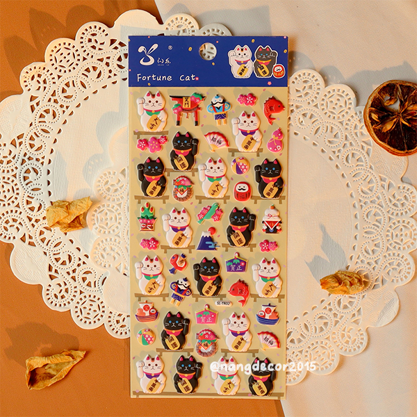 Hình dán sticker nổi 3D | Mèo Thần Tài |  hoạt hình dễ thương chống nước cho bé trai, bé gái | Nắng Decor