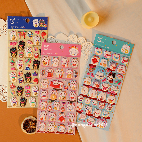 Hình dán sticker nổi 3D | Mèo Thần Tài |  hoạt hình dễ thương chống nước cho bé trai, bé gái | Nắng Decor