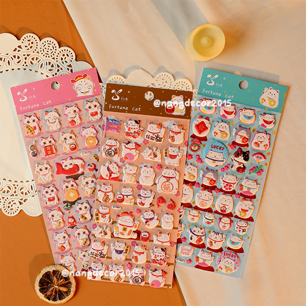 Hình dán sticker nổi 3D | Mèo Thần Tài |  hoạt hình dễ thương chống nước cho bé trai, bé gái | Nắng Decor