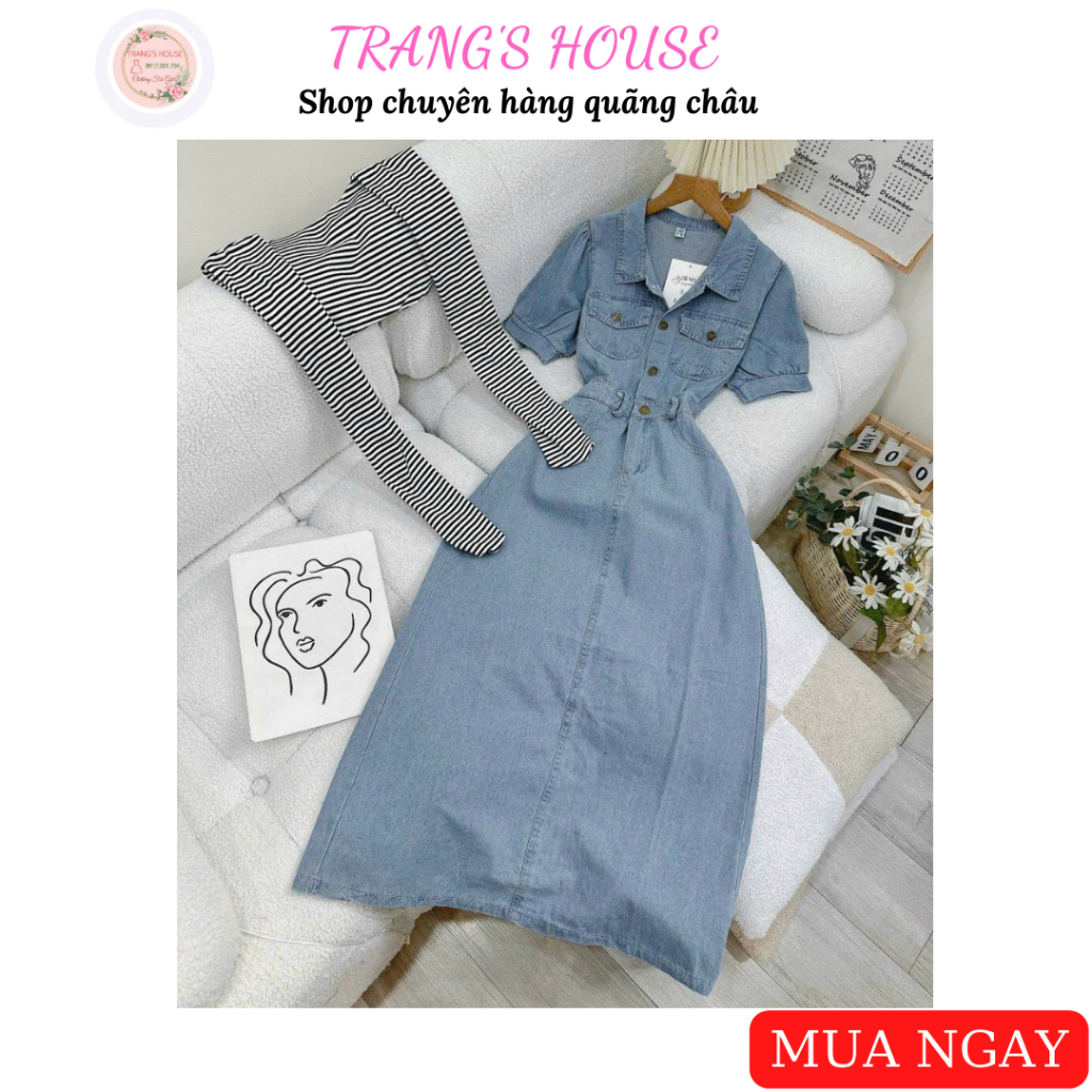 .Đầm jean dáng suông dài cổ sơ mi ngực cài nút tay phồng kèm khoác ngoài SANG CHẢNH - Shop Trang Quãng Châu