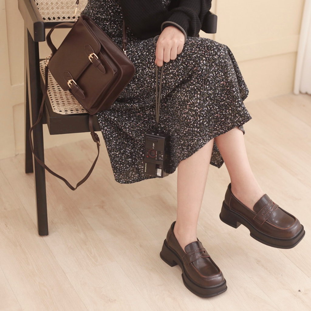 Giày Platform Loafers - Giày Loafer nữ da bò thật phong cách vintage Li retro