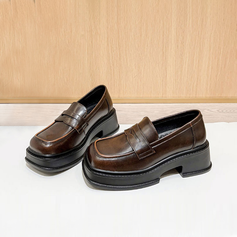 Giày Platform Loafers - Giày Loafer nữ da bò thật phong cách vintage Li retro