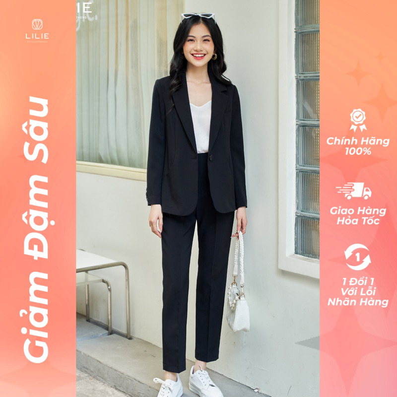 Áo khoác Blazer 1 cúc vạt tròn đen phối với quần âu vạt chéo đen phong cách sang chảnh tiểu thư chất lượng cao đủ size | BigBuy360 - bigbuy360.vn