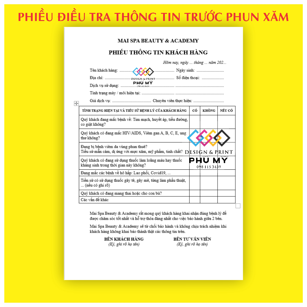 Phiếu thông tin khách hàng trước khi phun xăm mày môi cho Spa, thẩm mỹ viện 150 tờ