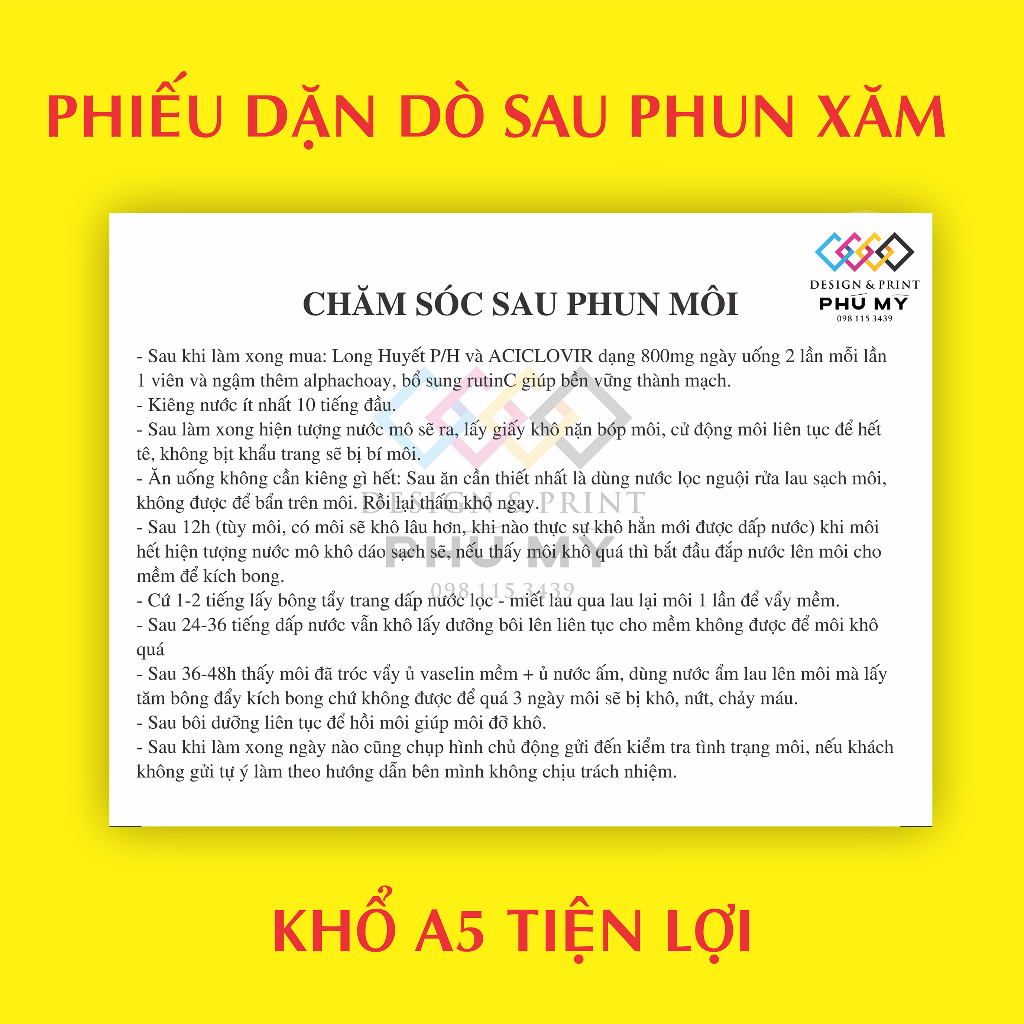 Phiếu dặn dò sau phun xăm mày, môi cho spa 100 tờ