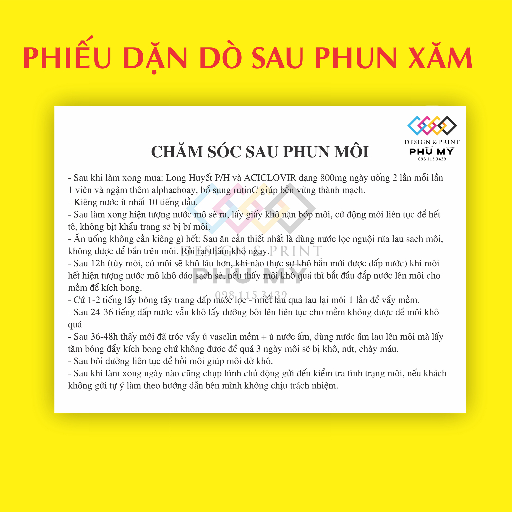 Phiếu dặn dò sau phun xăm mày, môi cho spa 100 tờ