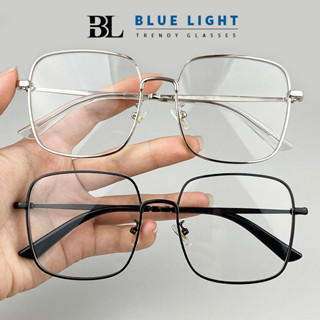 Gọng Kính Cận, Kính Giả Cận Nam Nữ, Mắt Vuông To Viền Nhũ Ánh Kim, Gọng Kim Loại Cứng Cáp Bạc Đen Hàn Quốc - BLUE LIGHT