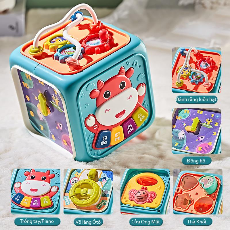 Hộp âm nhạc đa năng cho bé có 6 mặt có đàn, nhạc, thả hình, luồn hạt