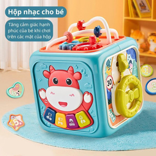 Hộp âm nhạc đa năng cho bé có 6 mặt có đàn, nhạc, thả hình, luồn hạt