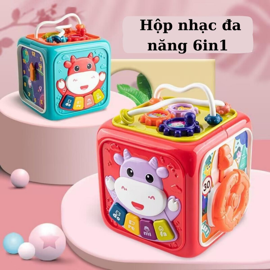 Hộp âm nhạc đa năng cho bé có 6 mặt có đàn, nhạc, thả hình, luồn hạt