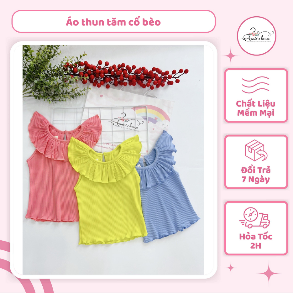 Áo thun cho bé gái Annie, áo thun tăm cổ bèo màu xanh cốm xanh biển hồng cho bé từ 9-33kg