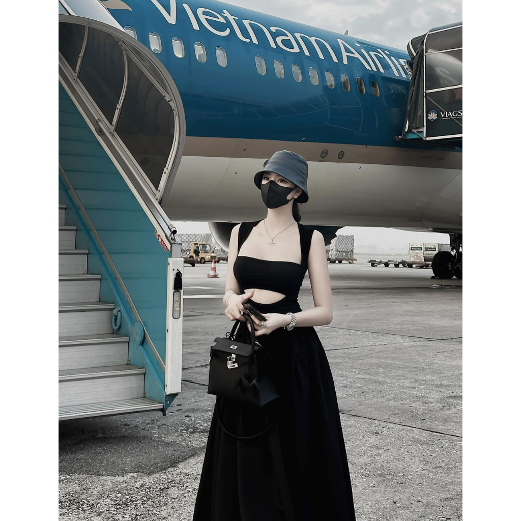 SET ÁO ĐEN CÚP NGỰC SÁT NÁCH PEPLUM BÈO + CHÂN VÁY MIDI SUÔNG DÀI