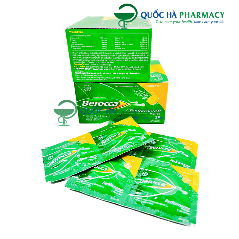 Viên sủi Berocca gói 1 viên - hộp 24 viên - HD: 11/23 Vị xoài - Quốc Hà Pharmacy