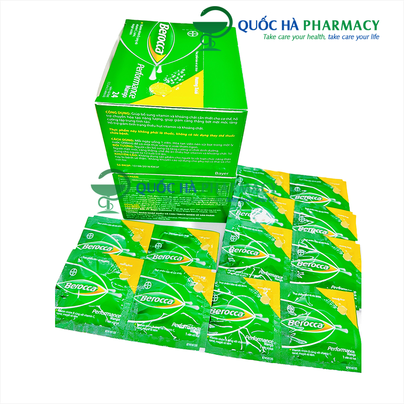 Viên sủi Berocca gói 1 viên - hộp 24 viên - HD: 11/23 Vị xoài - Quốc Hà Pharmacy