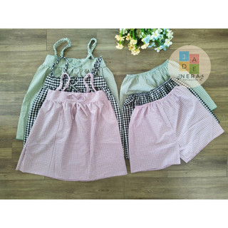 Bộ mặc nhà, bộ ngủ, áo 2 dây đan bính, quần đùi, caro, dễ thương-Freesize
