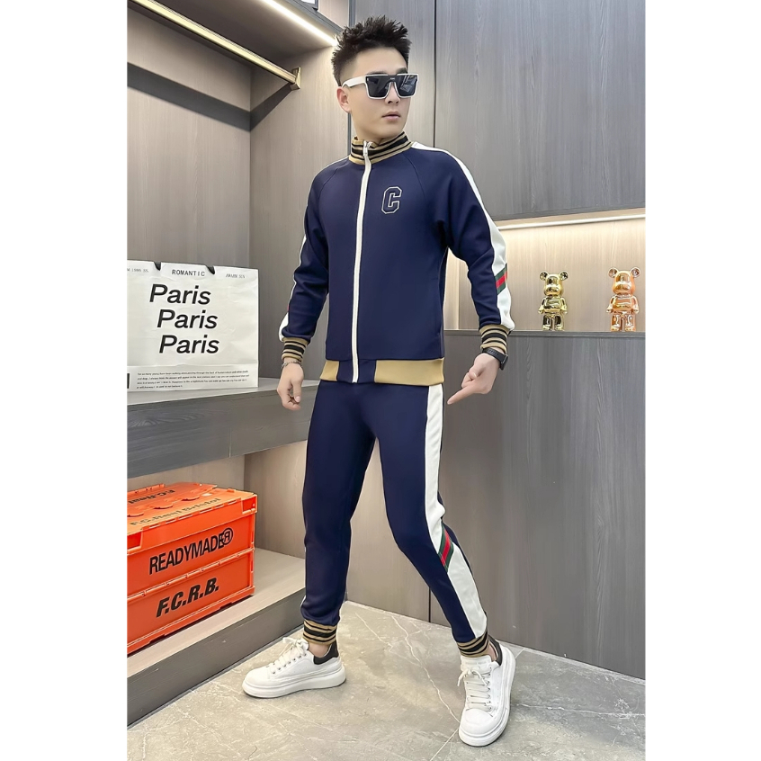 Quần áo thu đông nam, Bộ nỉ nam, Bộ thể thao nam thu đông bộ logo thêu chữ C