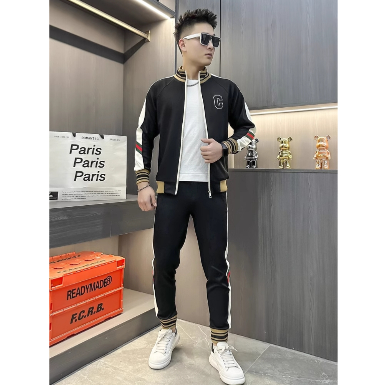 Quần áo thu đông nam, Bộ nỉ nam, Bộ thể thao nam thu đông bộ logo thêu chữ C