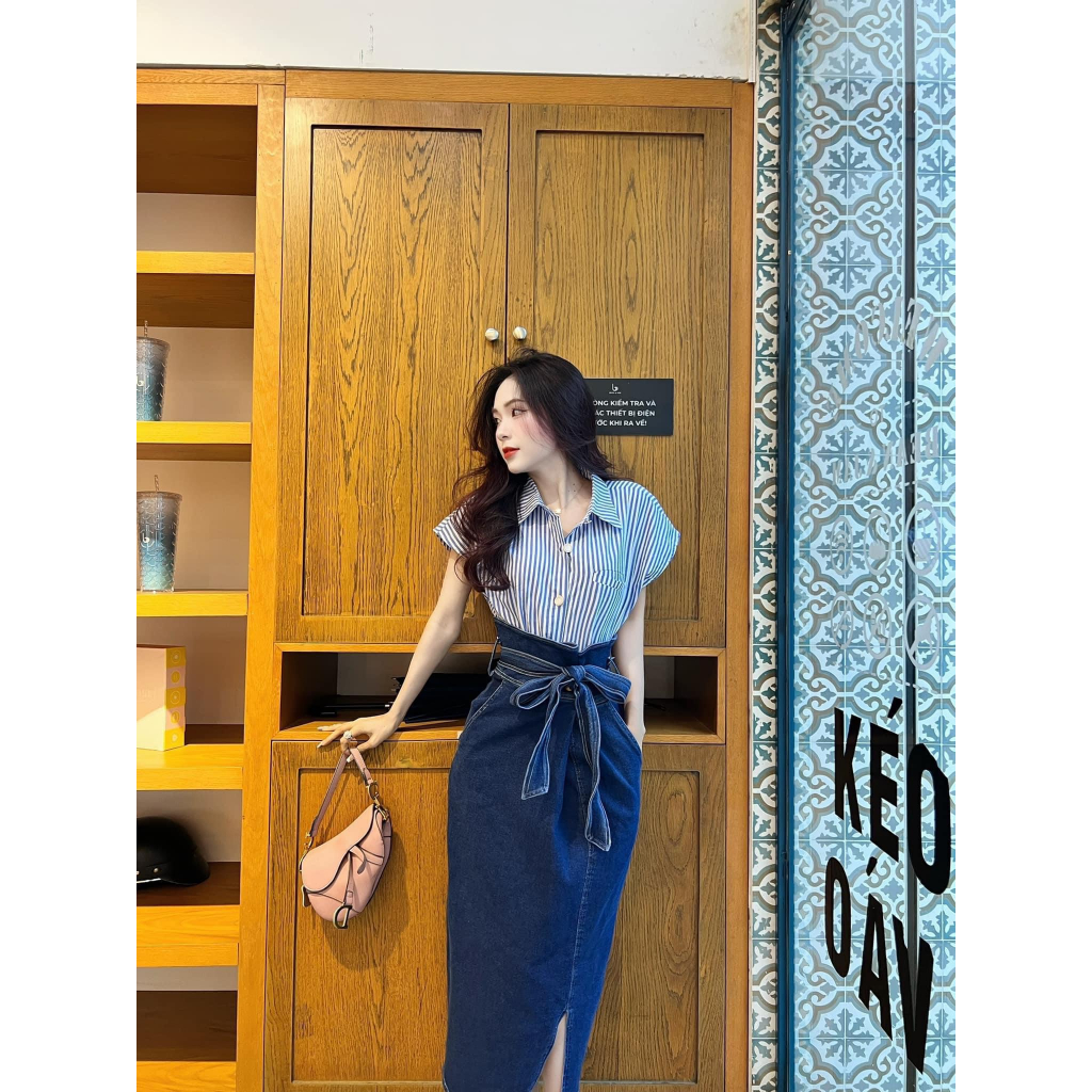 Sét Áo Sơ Mi Sọc Xanh Sát Nách + Chân Váy Jean Lưng Cao Xẻ Suông Mix Nơ Eo_LR777