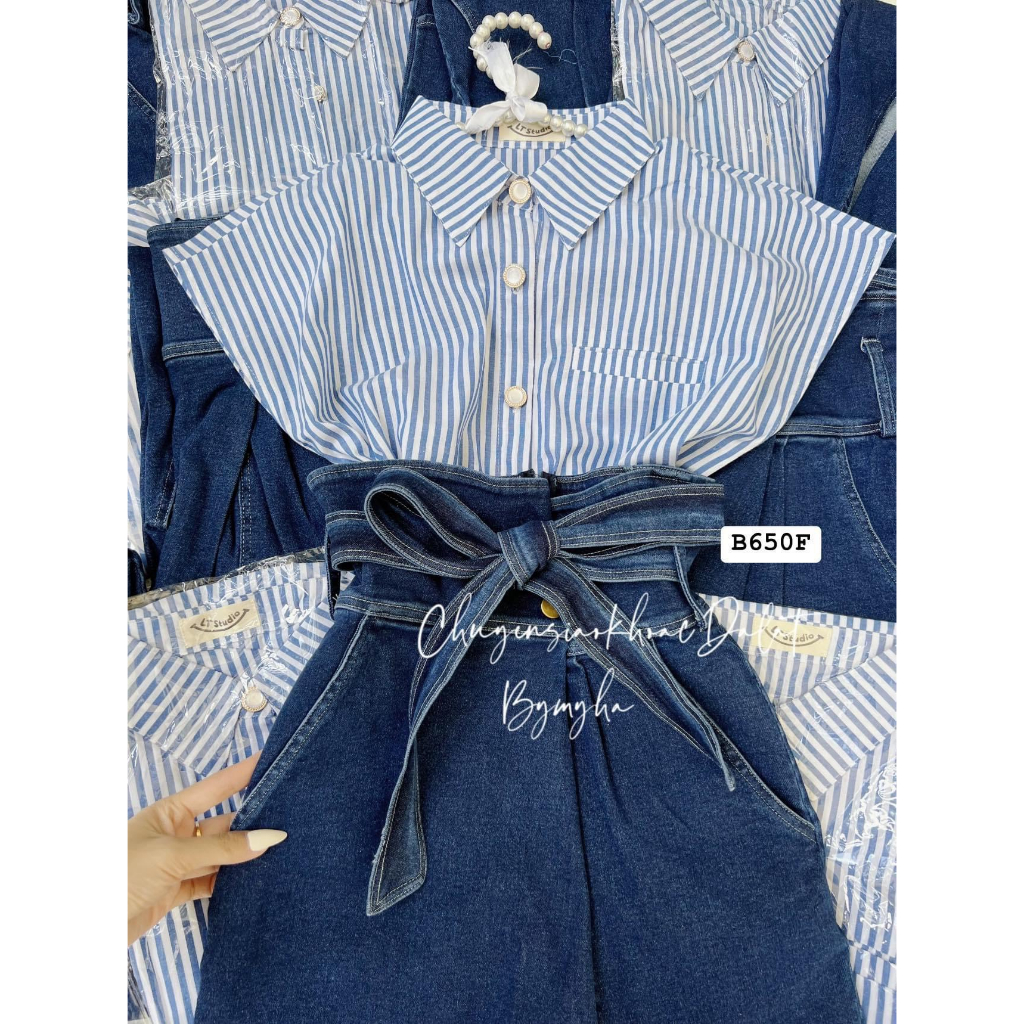 Sét Áo Sơ Mi Sọc Xanh Sát Nách + Chân Váy Jean Lưng Cao Xẻ Suông Mix Nơ Eo_LR777