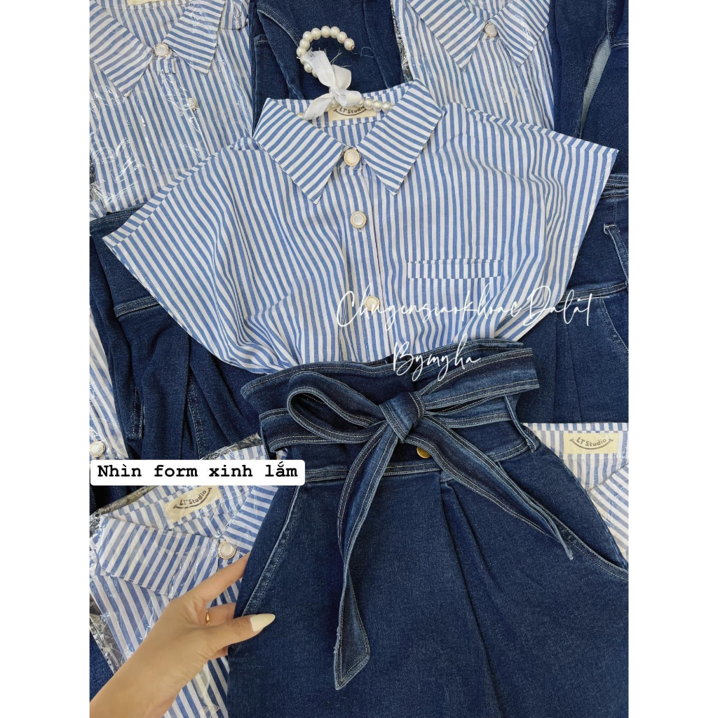 Sét Áo Sơ Mi Sọc Xanh Sát Nách + Chân Váy Jean Lưng Cao Xẻ Suông Mix Nơ Eo_LR777