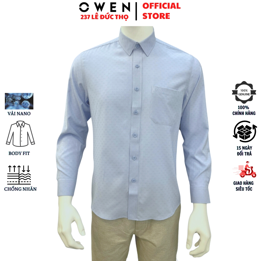 Áo sơ mi nam OWEN AR230246DT somi dài tay công sở dobby xanh nhạt form regular fit tà lượn có túi chất nano cao cấp