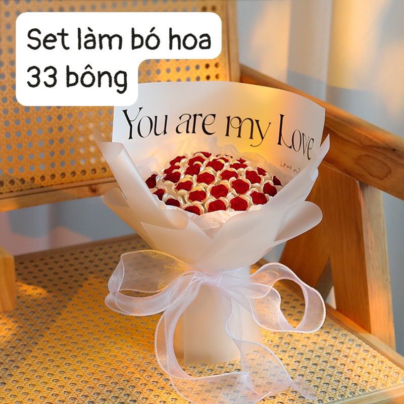 TẶNG ĐÈN Set vật liệu tự làm bó hoa hồng 33 bông 52 bông làm quà tặng hoa trang trí handmade quà tặng đẹp