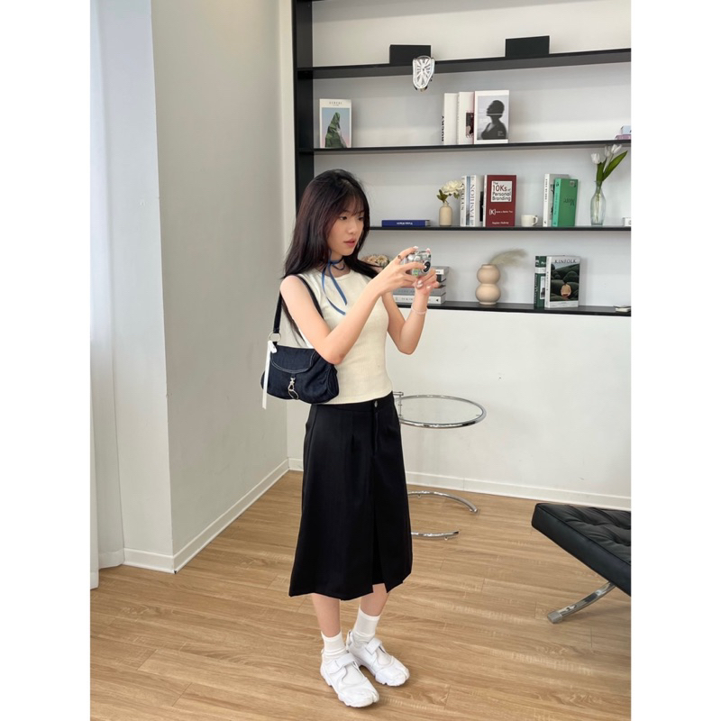Low waist pleated midi skirt - chân váy lửng cạp trễ