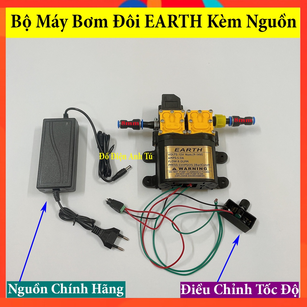 Máy bơm đôi mini tăng áp EARTH 12V kèm nguồn chính hãng - Công Xuất 120W