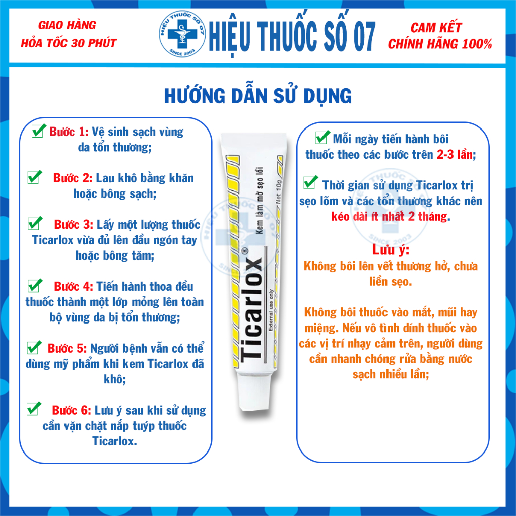 Kem làm mờ sẹo lồi Ticarlox 10g làm mờ sẹo và thâm trên da