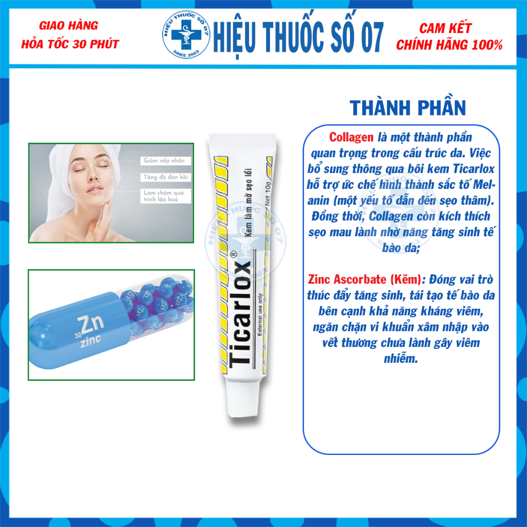 Kem làm mờ sẹo lồi Ticarlox 10g làm mờ sẹo và thâm trên da
