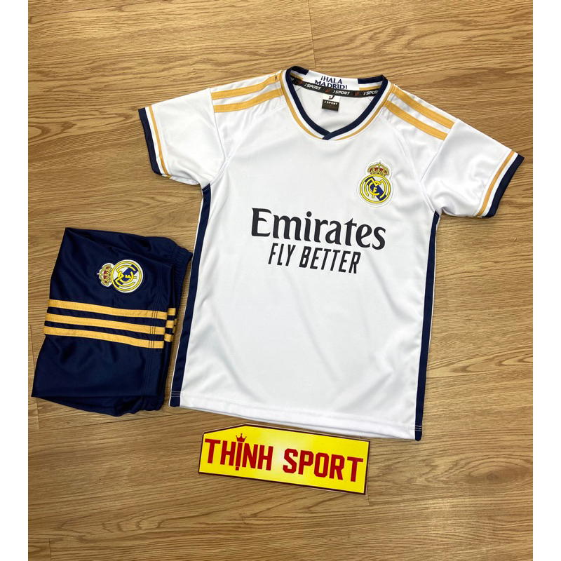 Bộ quần áo đá banh trẻ em REAL Madrid, Bộ quần áo bóng đá trẻ em in tên và số theo yêu cầu