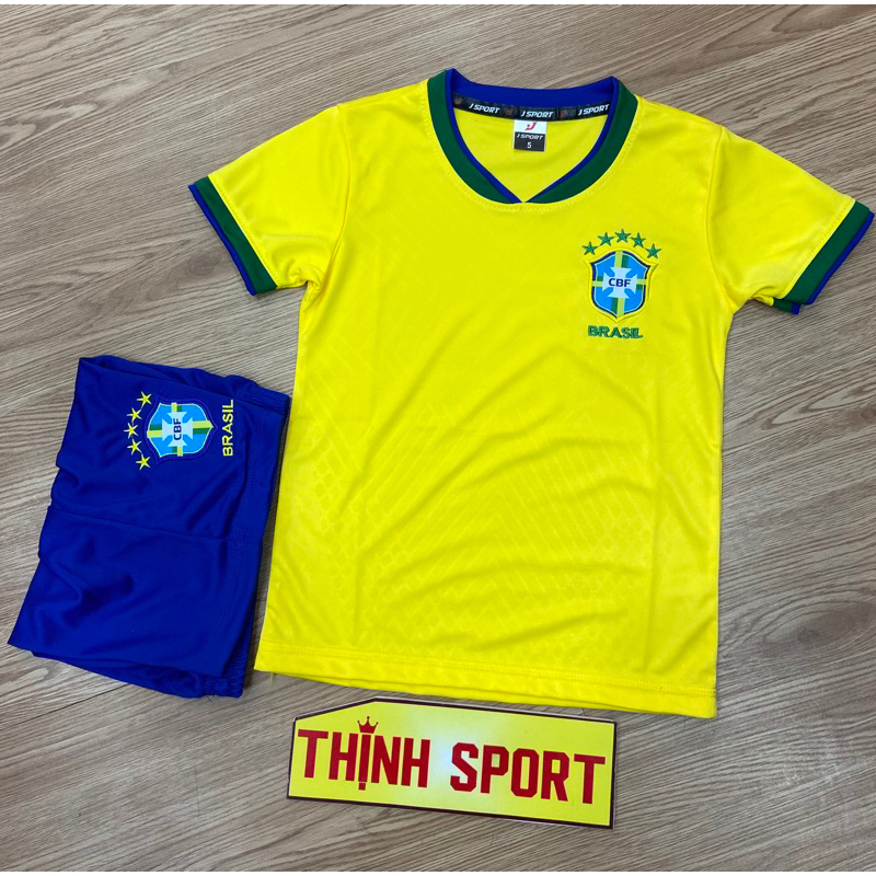 Bộ quần áo đá banh trẻ em Brazil, Bộ quần áo bóng đá trẻ em in tên và số theo yêu cầu