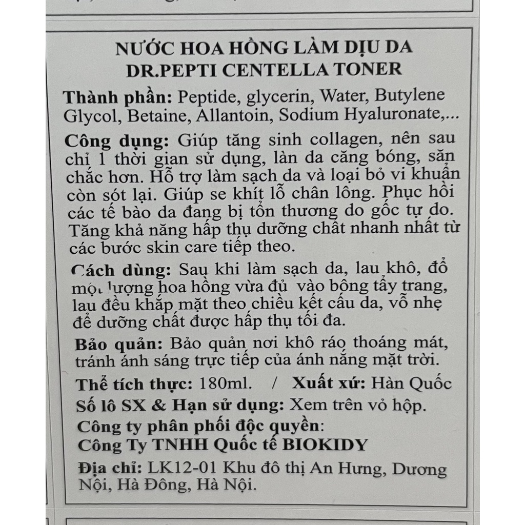 Nước Hoa Hồng Se Khít Lỗ Chân Lông, Phục Hồi Tế Bào Da Dr.Pepti Centella Toner 180ml