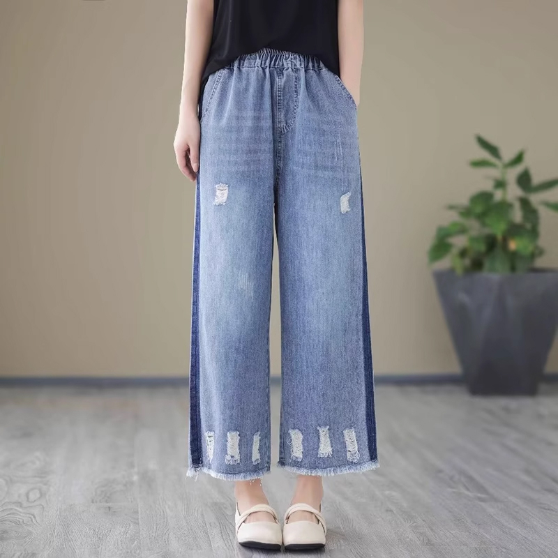 Quần baggy denim lưng thun rống đứng kiểu rách dải màu - NU8819