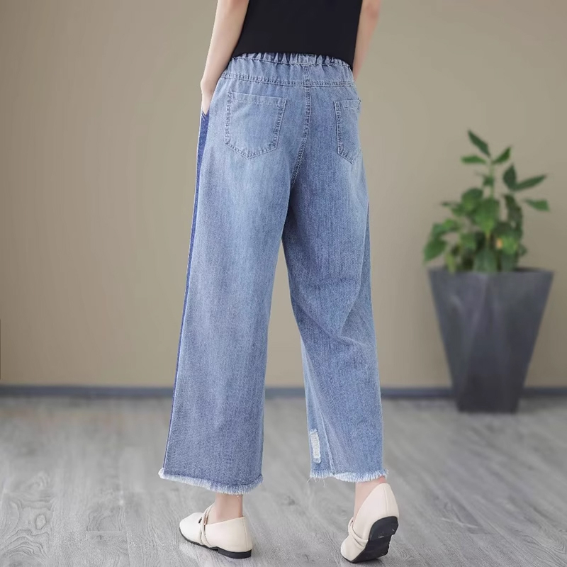 Quần baggy denim lưng thun rống đứng kiểu rách dải màu - NU8819