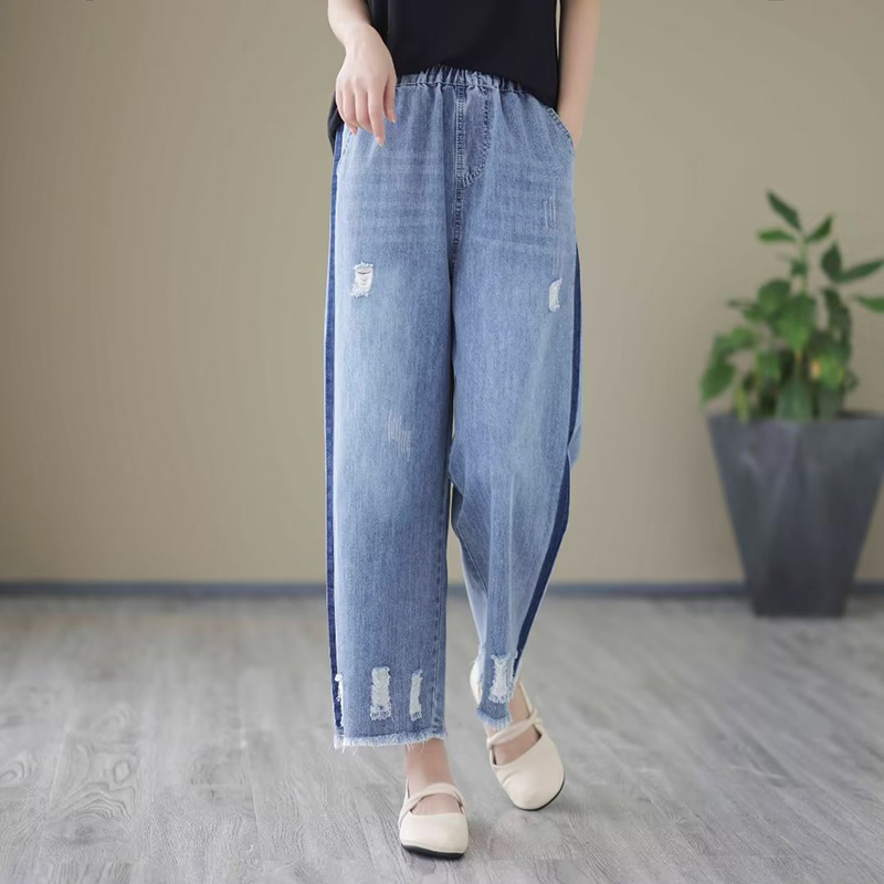 Quần baggy denim lưng thun rống đứng kiểu rách dải màu - NU8819