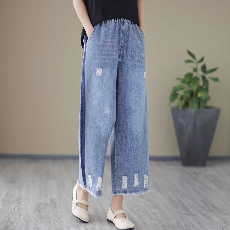 Quần baggy denim lưng thun rống đứng kiểu rách dải màu - NU8819