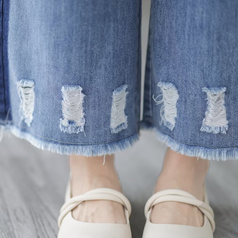 Quần baggy denim lưng thun rống đứng kiểu rách dải màu - NU8819
