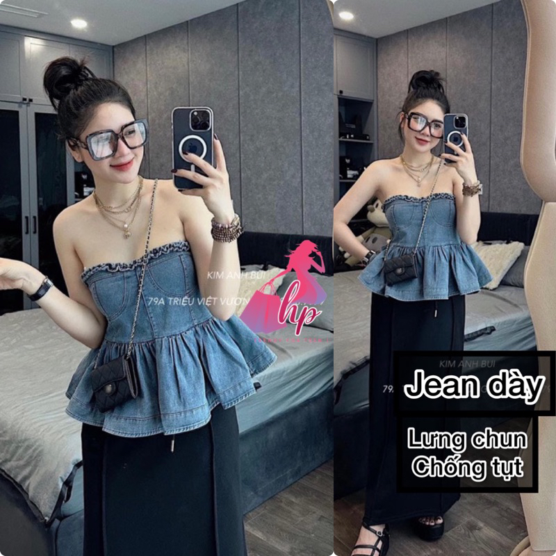 Áo cúp ngực bò jean, áo ống nữ body xòe mặc hè - G160