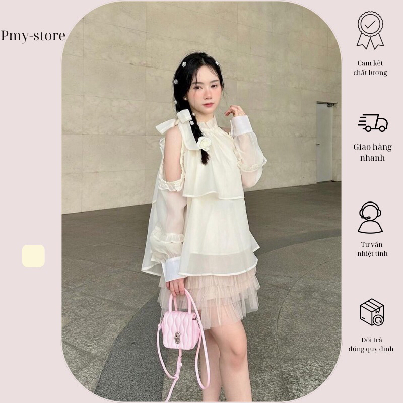 Áo babbydoll thiết kế khoét vai 2 lớp tay bồng,Áo kiểu cổ yếm buộc nơ tiểu thư Hàn Quốc
