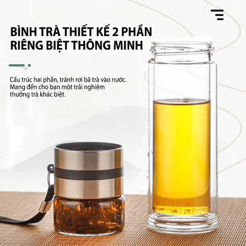 Bình pha trà 450ml tiện dụng chất liệu thủy tinh dầy dặn lọc trà Inox