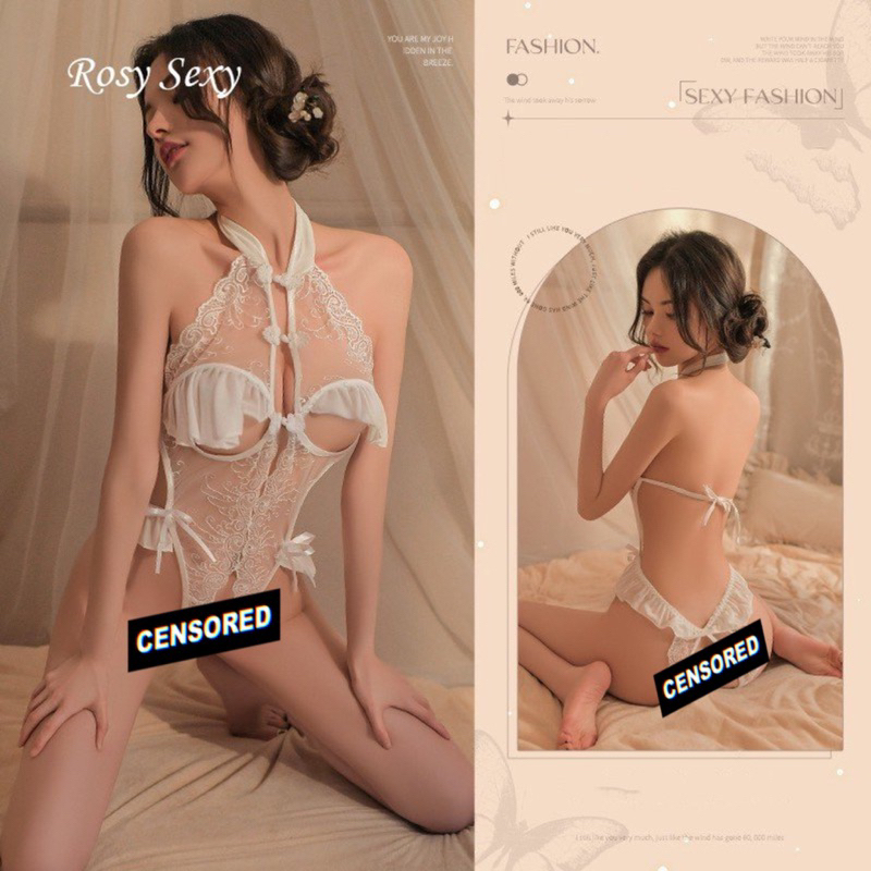 Bộ bodysuit ren thêu hoa cổ trang khoét ngực xẻ đũng LG429