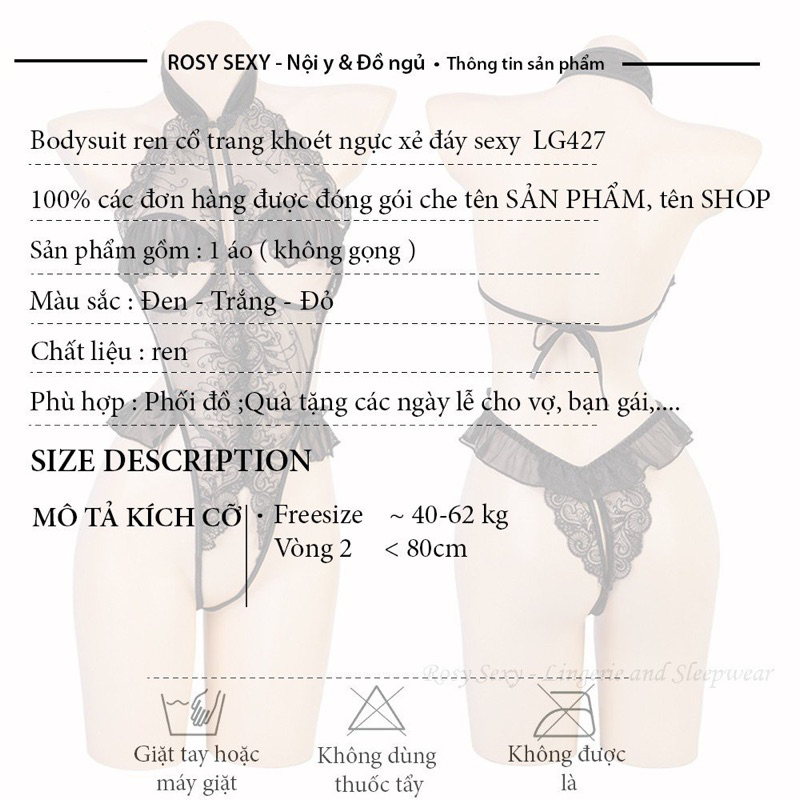 Bộ bodysuit ren thêu hoa cổ trang khoét ngực xẻ đũng LG429