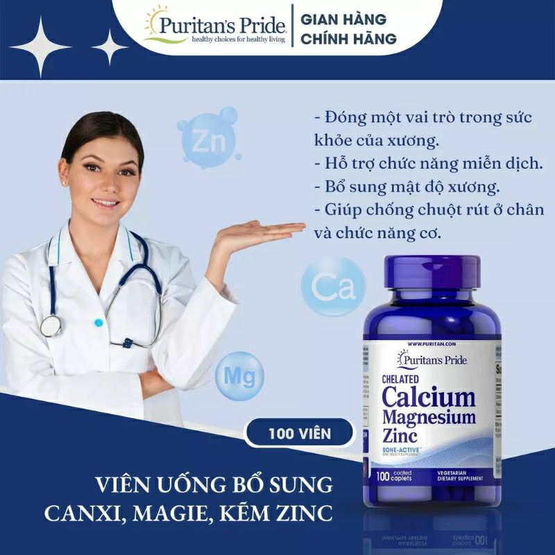 Viên uống tăng sức đề kháng, chiều cao Calcium magnesium zinc Puritan's Pride