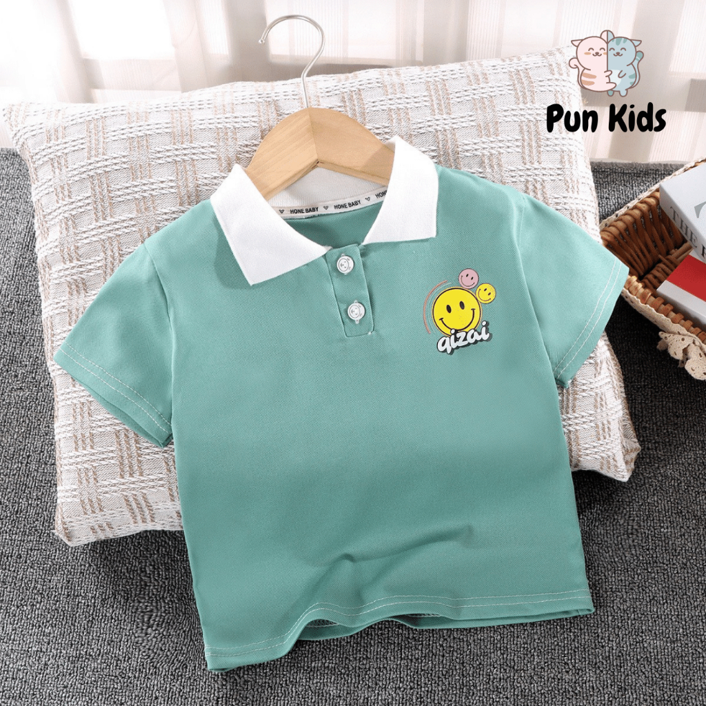 Áo Polo họa tiết mặt cười phong cách hàn quốc cho bé trai từ 9 - 25kg
